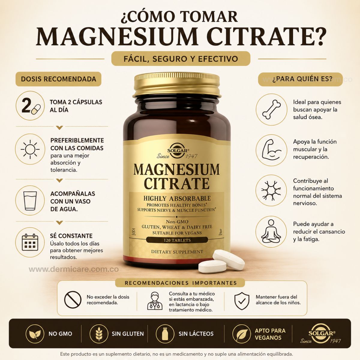 Citrato de Magnesio 120 Caps Solgar sueno musculos estres biodisponible alta absorcion farmaceutico