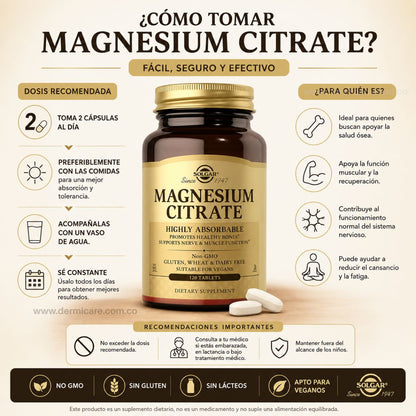 Citrato de Magnesio 120 Caps Solgar sueno musculos estres biodisponible alta absorcion farmaceutico
