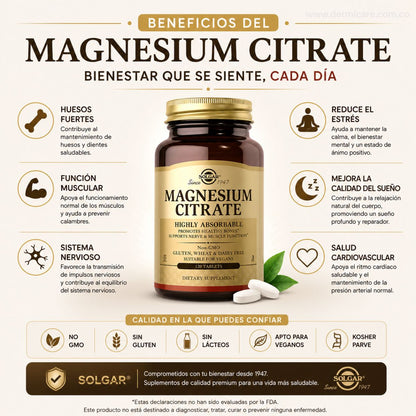 Citrato de Magnesio 120 Caps Solgar sueno musculos estres biodisponible alta absorcion farmaceutico