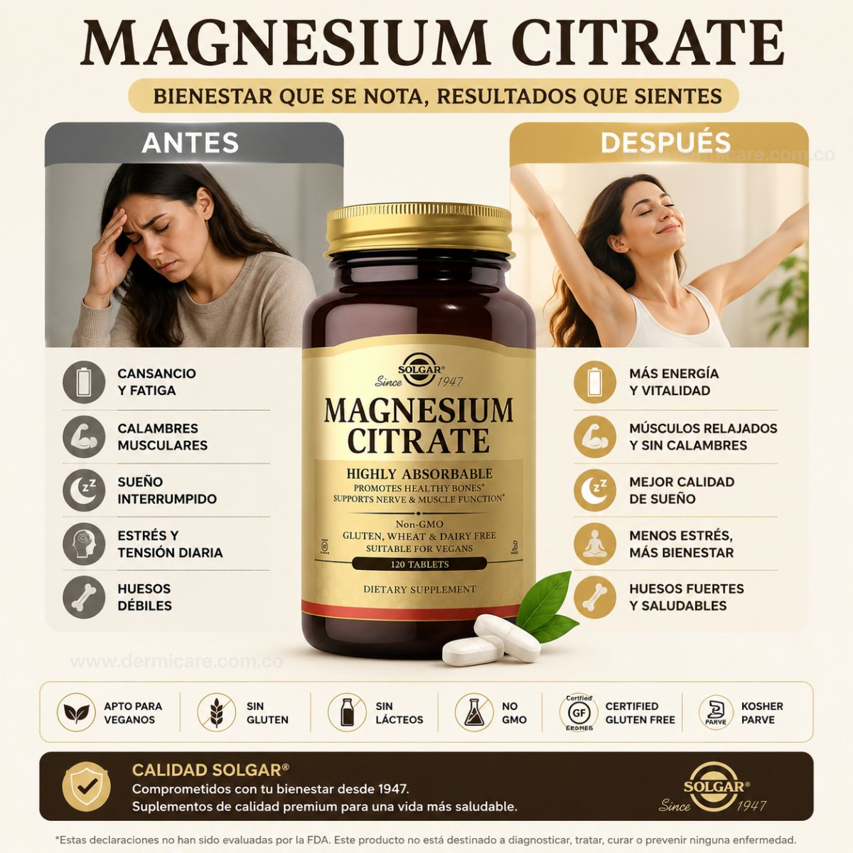 Citrato de Magnesio 120 Caps Solgar sueno musculos estres biodisponible alta absorcion farmaceutico