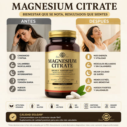 Citrato de Magnesio 120 Caps Solgar sueno musculos estres biodisponible alta absorcion farmaceutico