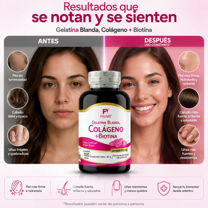 Colageno Biotina 600mg FitoVit 100 softgels piel firme cabello fuerte uñas