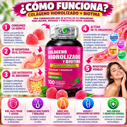 Colágeno Hidrolizado y Biotina Greensofg x100 Masticables - Envío Gratis