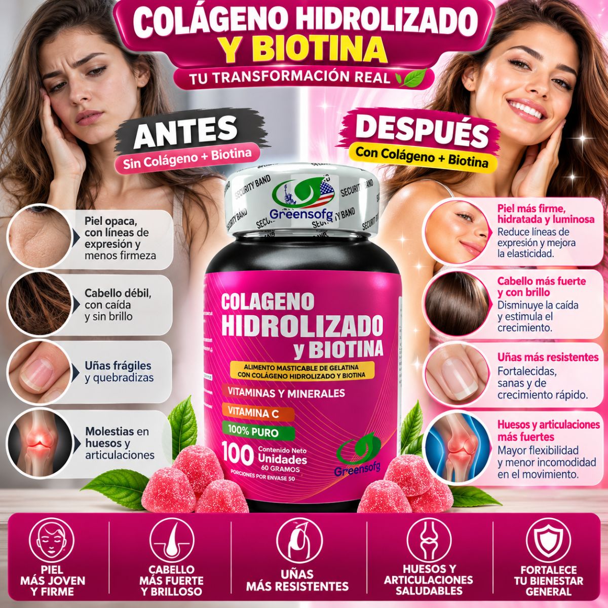 Colágeno Hidrolizado y Biotina Greensofg x100 Masticables - Envío Gratis