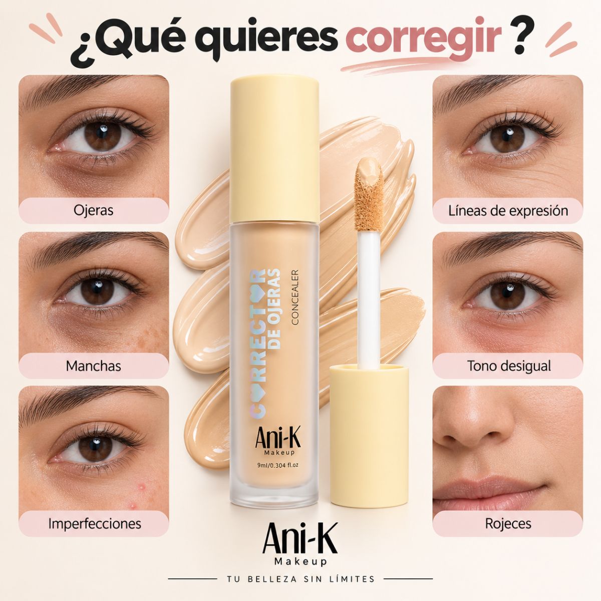 Corrector ojeras Anik Makeup 9ml alta cobertura larga duracion tonos 