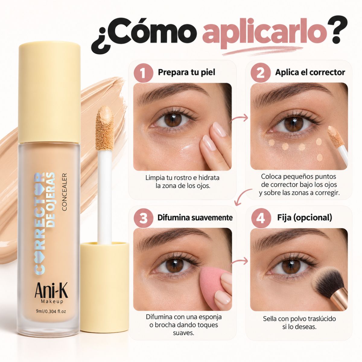 Corrector ojeras Anik Makeup 9ml alta cobertura larga duracion tonos 