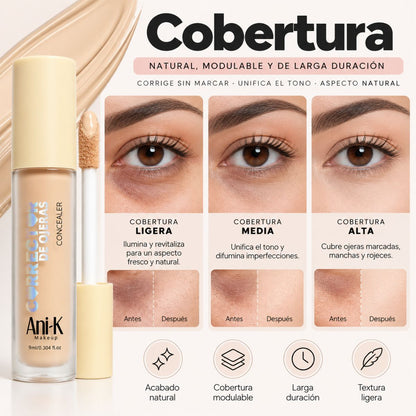 Corrector ojeras Anik Makeup 9ml alta cobertura larga duracion tonos 