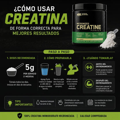 Creatina Power Optimum Nutrition 300g monohidratada micronizada 5g por porcion fuerza musculo gym