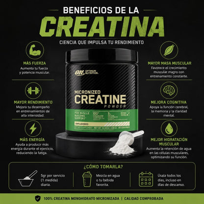 Creatina Power Optimum Nutrition 300g monohidratada micronizada 5g por porcion fuerza musculo gym