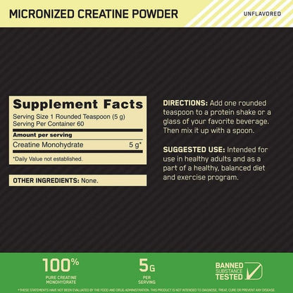 Creatina Power Optimum Nutrition 300g monohidratada micronizada 5g por porcion fuerza musculo gym