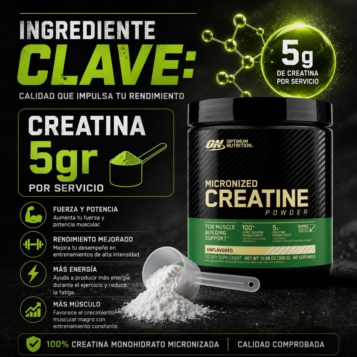 Creatina Power Optimum Nutrition 300g monohidratada micronizada 5g por porcion fuerza musculo gym