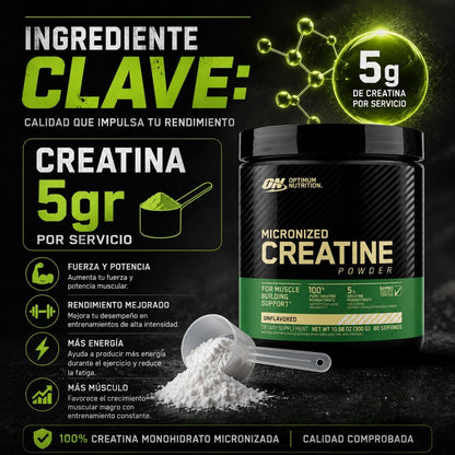 Creatina Power Optimum Nutrition 300g monohidratada micronizada 5g por porcion fuerza musculo gym