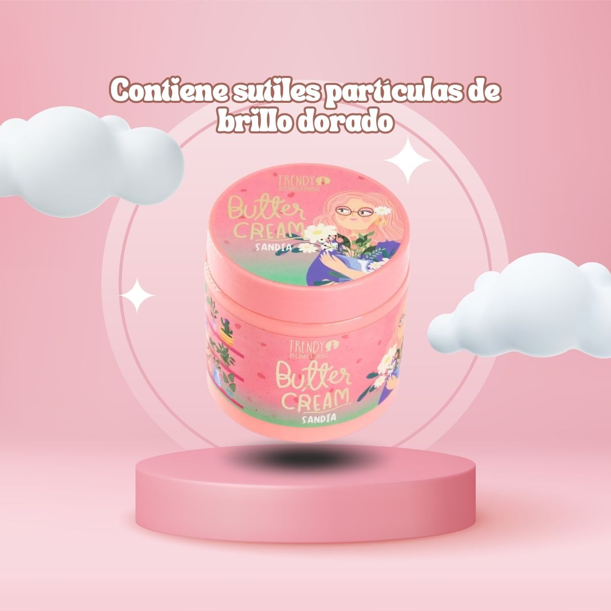 Crema mantequilla corporal Watermelon de Trendy, hidratante con aroma sandía y brillos dorados para piel suave y luminosa.