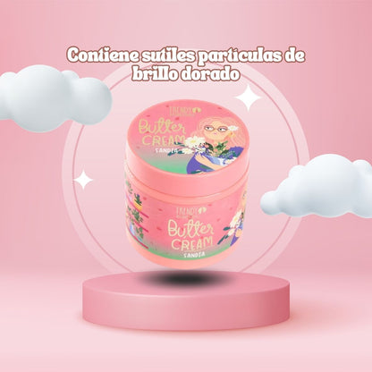 Crema mantequilla corporal Watermelon de Trendy, hidratante con aroma sandía y brillos dorados para piel suave y luminosa.
