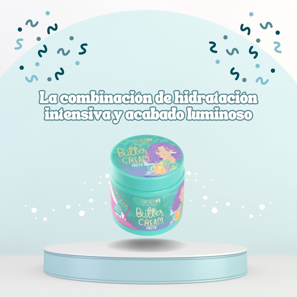 Crema mantequilla corporal Fresh de Trendy, hidratante con aroma fresco y brillos dorados para piel luminosa y suave.