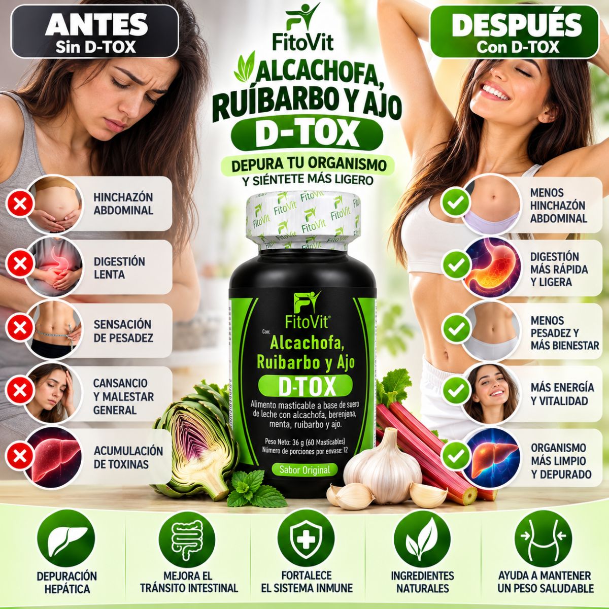 D-Tox x60 Cápsulas FitoVit: Depurativo Natural  Hígado · Riñón · Digestión