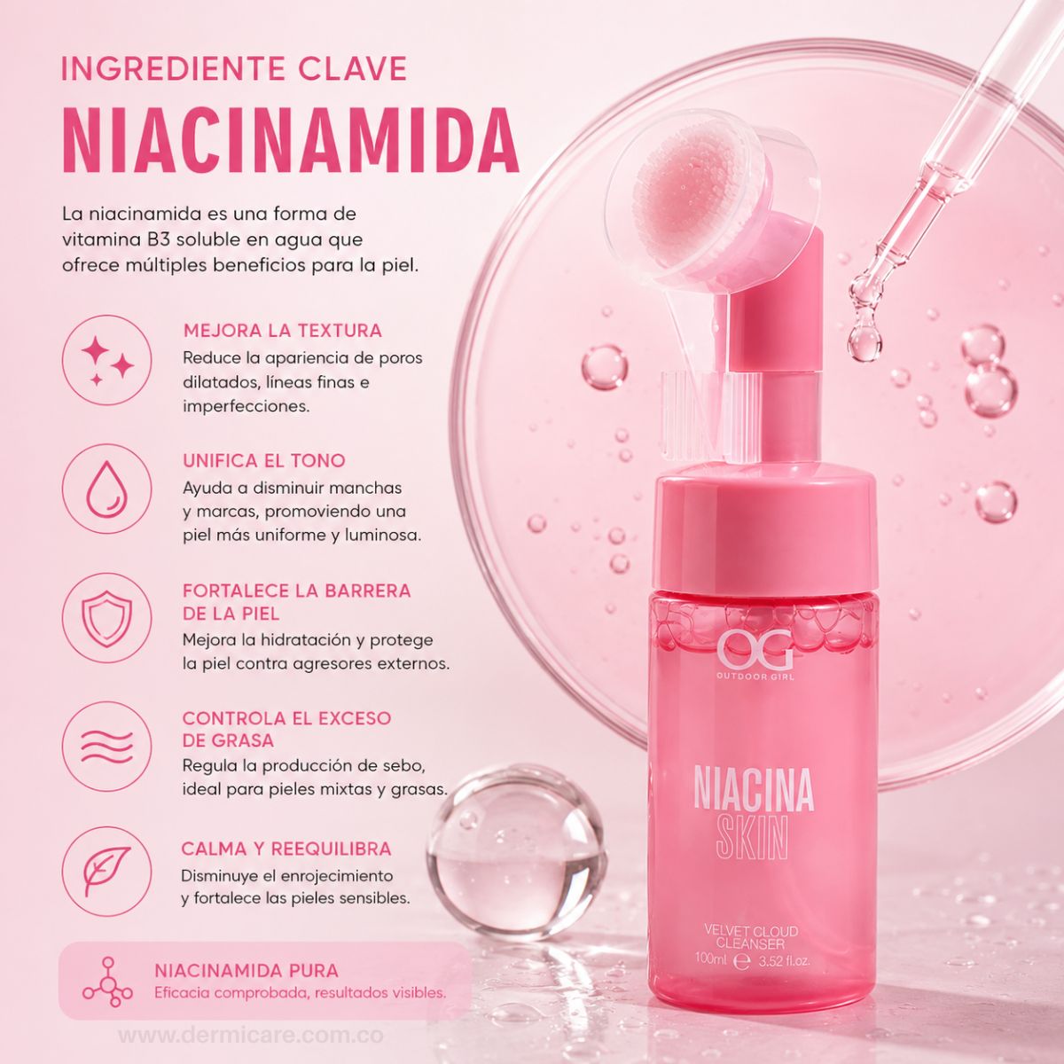 Espuma Limpiadora Niacinamida OG Colombia cleanser facial vitamina B3 poros sebo piel limpia suave