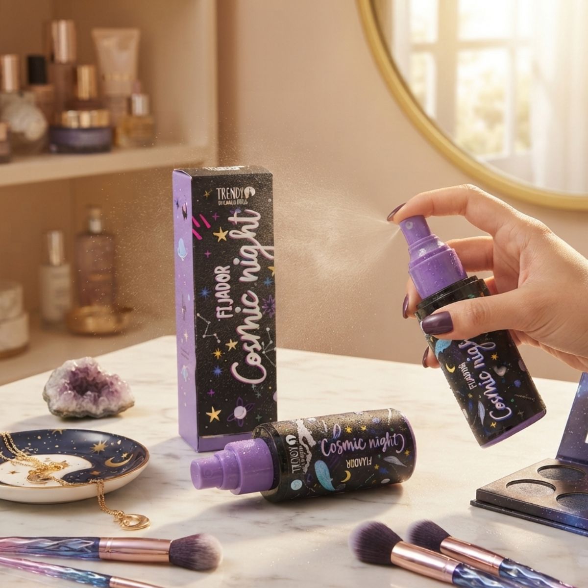 Fijador Cosmic Night Trendy maquillaje spray fijador larga duracion luminoso glass resist humedad