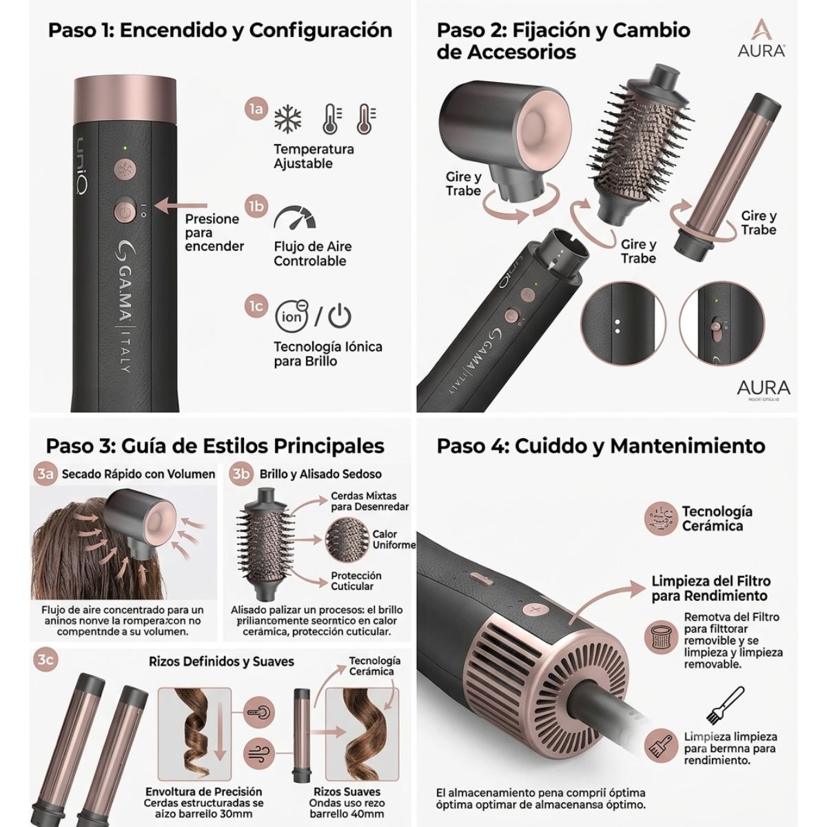 UniQ Aura Multistyler 4en1 Gama Italy secador cabello ondas rizos alisado accesorios profesional