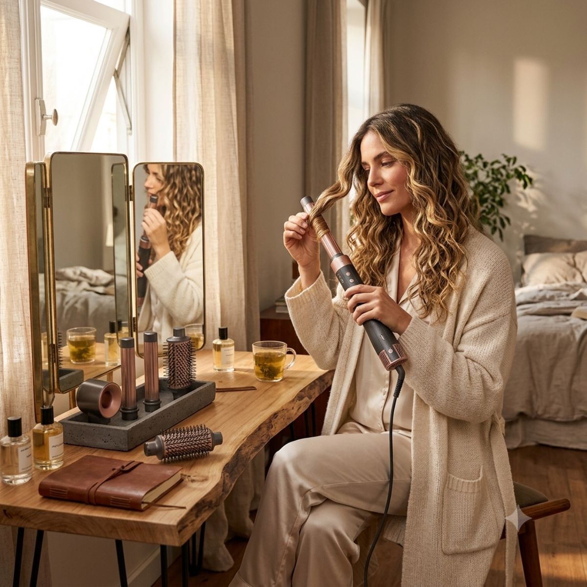 Mujer usando UniQ Aura Multistyler Gama Italy secador ondas para cabello resultado salon