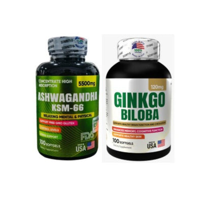 Combo Ashwagandha Ginkgo Biloba 100 softgels cortisol memoria circulacion cerebral cognitivo 
