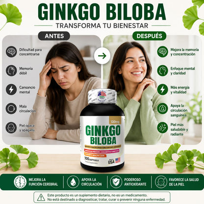 Ginkgo Biloba 120mg x100 softgels circulacion cerebral memoria enfoque neuroproteccion