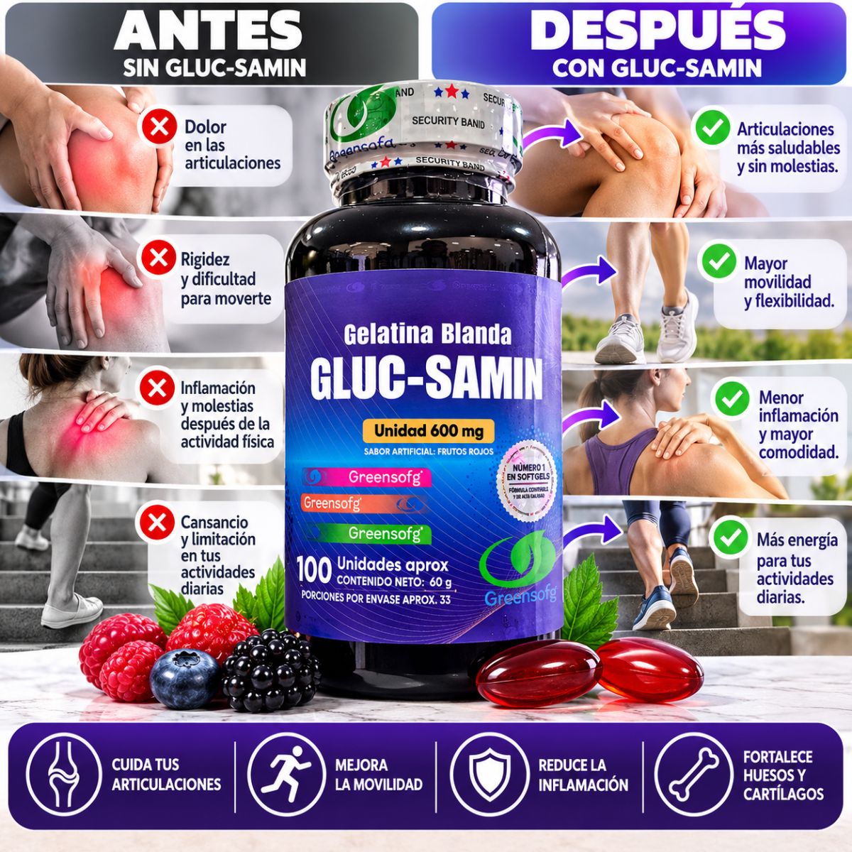 Gluc-Samin Greensofg x100 Gelatinas Blandas con Colágeno y Cúrcuma - Envío Gratis