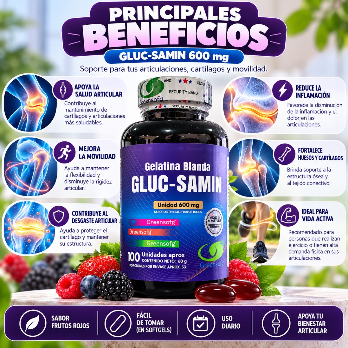 Gluc-Samin Greensofg x100 Gelatinas Blandas con Colágeno y Cúrcuma - Envío Gratis