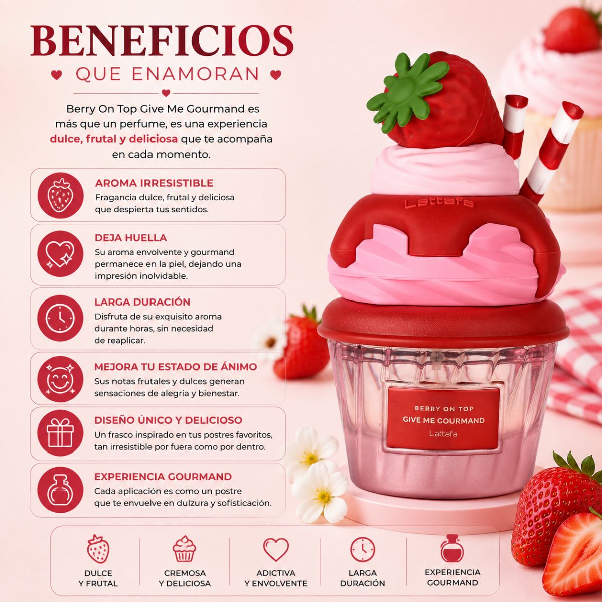 Perfume Lattafa Berry On Top EDP frutal gourmand fresa chantilly mermelada flores blancas vainilla