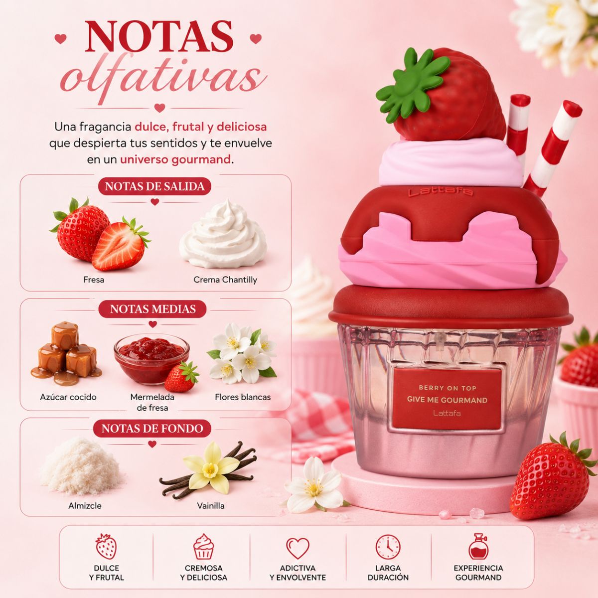 Perfume Lattafa Berry On Top EDP frutal gourmand fresa chantilly mermelada flores blancas vainilla