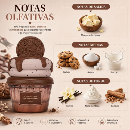 Perfume Lattafa Cookie Crave EDP gourmand galleta manteca cacao vainilla nata sandalo