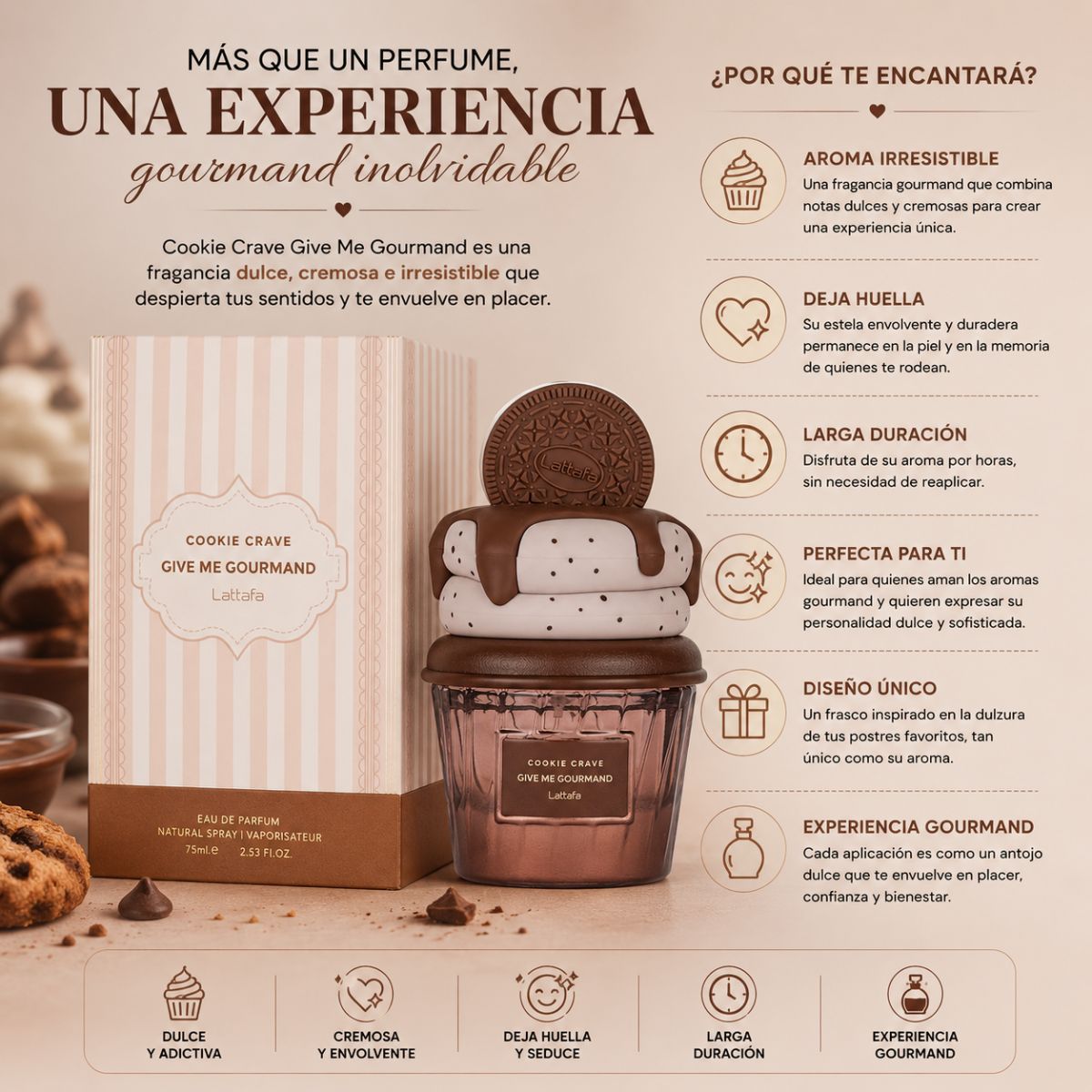 Perfume Lattafa Cookie Crave EDP gourmand galleta manteca cacao vainilla nata sandalo