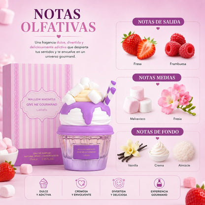 Perfume Lattafa Mallow Madness EDP frutal gourmand fresa malvavisco fresia vainilla crema 