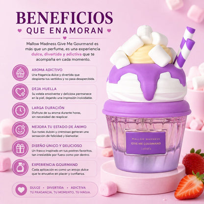 Perfume Lattafa Mallow Madness EDP frutal gourmand fresa malvavisco fresia vainilla crema 