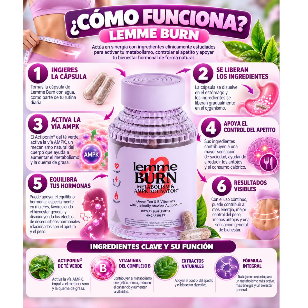 Lemme Burn x60 Cápsulas Veganas con Actiponin®, Té Verde y Vitaminas B