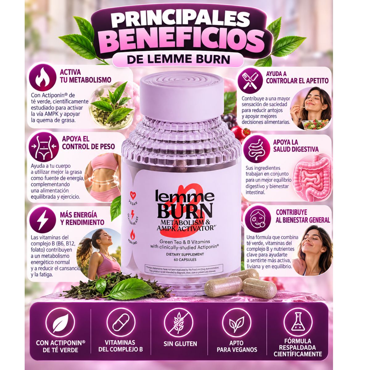 Lemme Burn x60 Cápsulas Veganas con Actiponin®, Té Verde y Vitaminas B