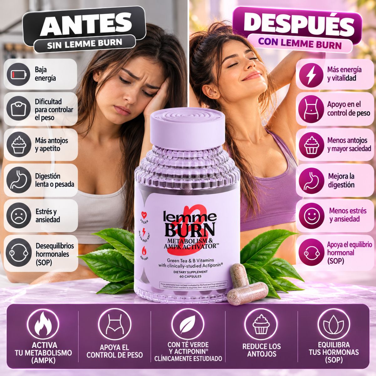 Lemme Burn x60 Cápsulas Veganas con Actiponin®, Té Verde y Vitaminas B