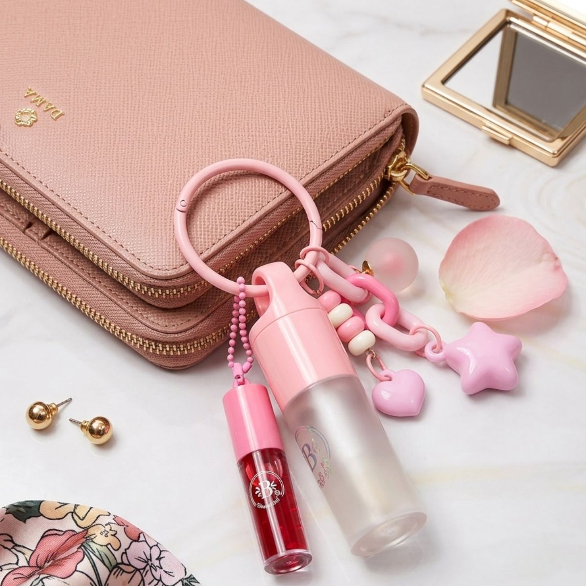 Gloss labial llavero Duo Bloom Bow Bloomshell set dos tonos moño decorativo beauty accesorio
