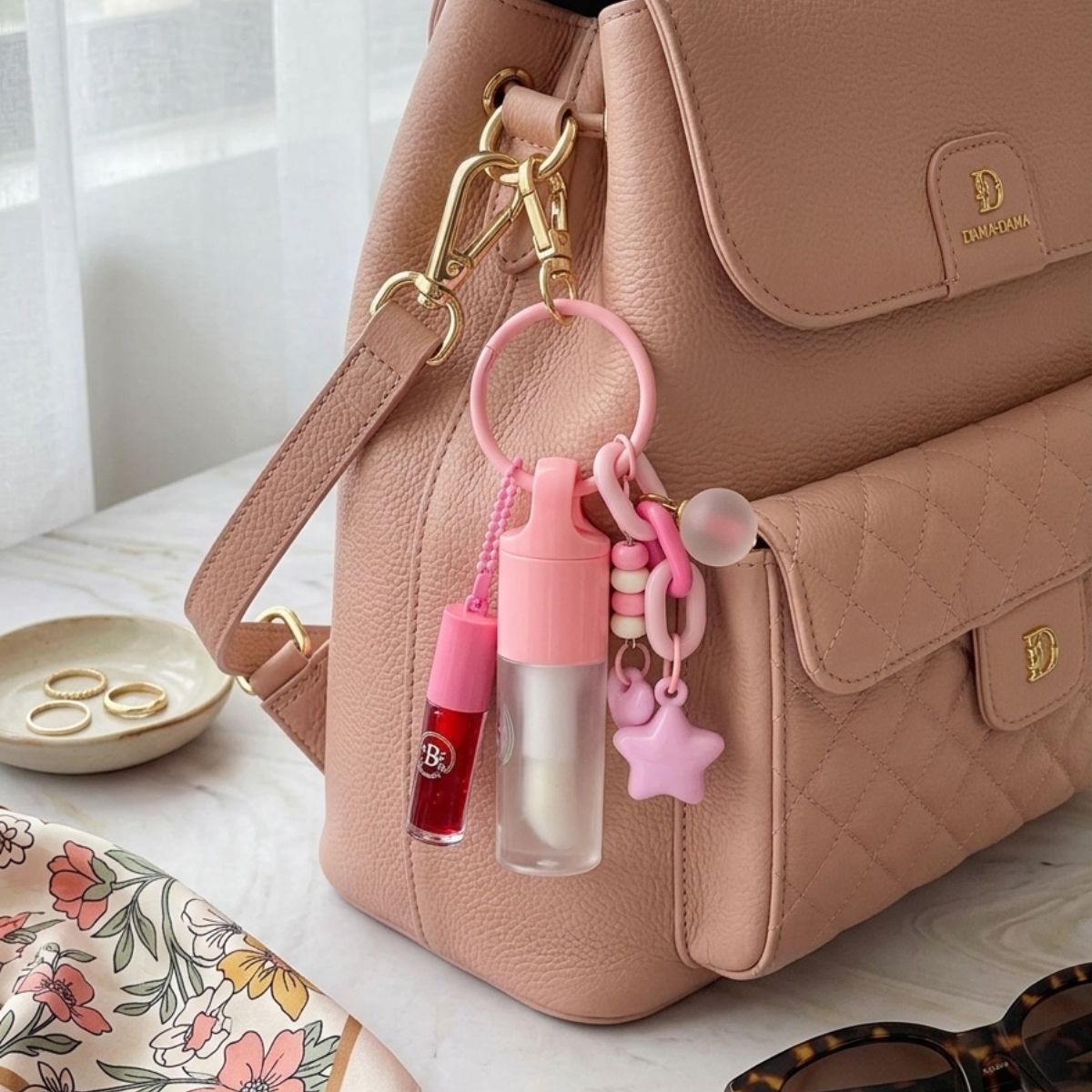 Gloss labial llavero Duo Bloom Bow Bloomshell set dos tonos moño decorativo beauty accesorio
