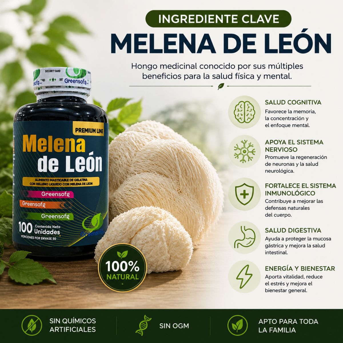 Melena de Leon Greensofg 100mg gomita masticable gelatina Hericium erinaceus nootropico cognitivo