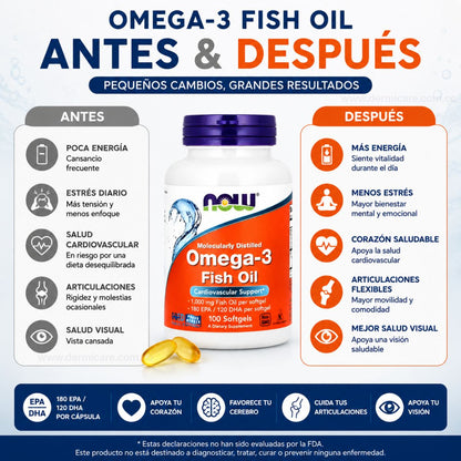 Omega 3 Now Foods 100 softgels 1000mg aceite pescado EPA DHA corazon cerebro articulaciones purificado