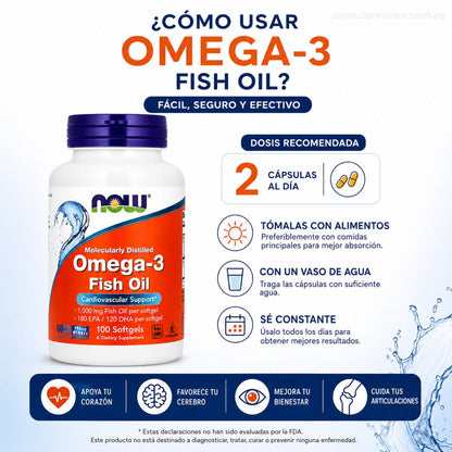 Omega 3 Now Foods 100 softgels 1000mg aceite pescado EPA DHA corazon cerebro articulaciones purificado