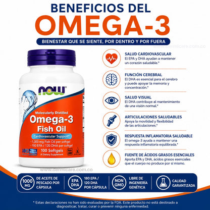 Omega 3 Now Foods 100 softgels 1000mg aceite pescado EPA DHA corazon cerebro articulaciones purificado