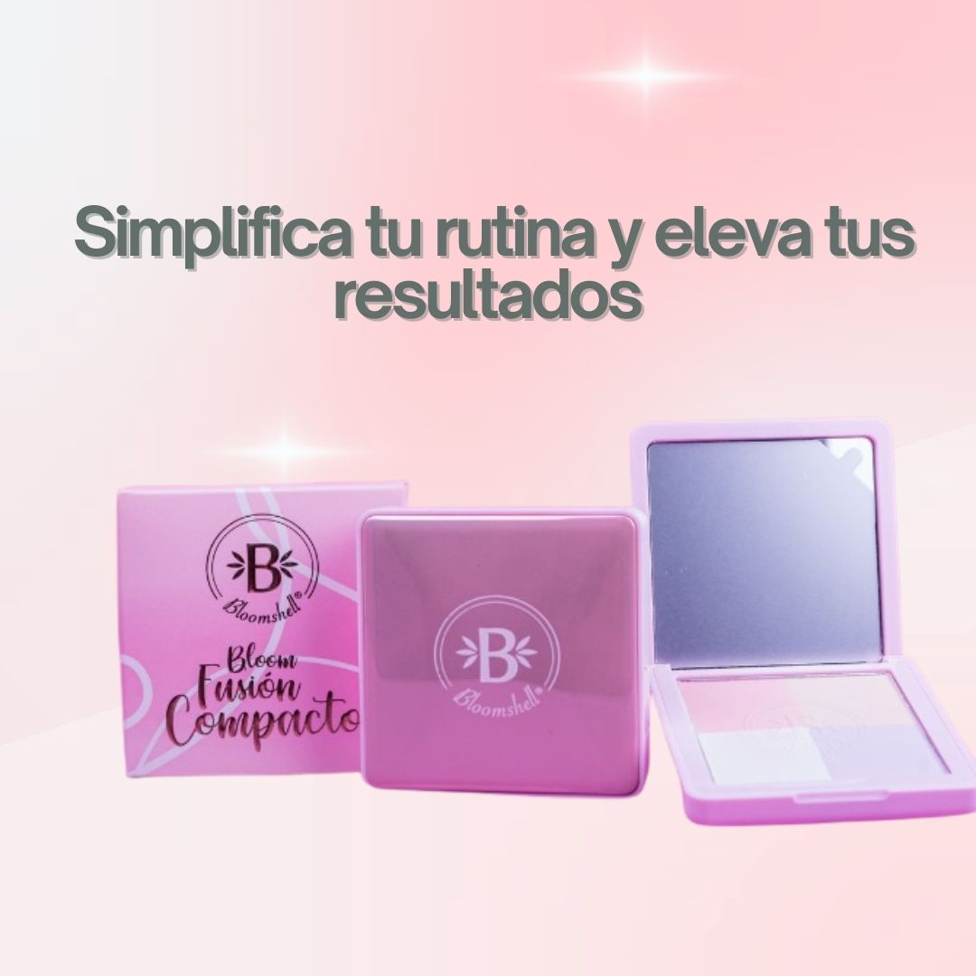 Polvo compacto 4 en 1 Bloomshell con tonos traslúcido, banana, rosa y lila.