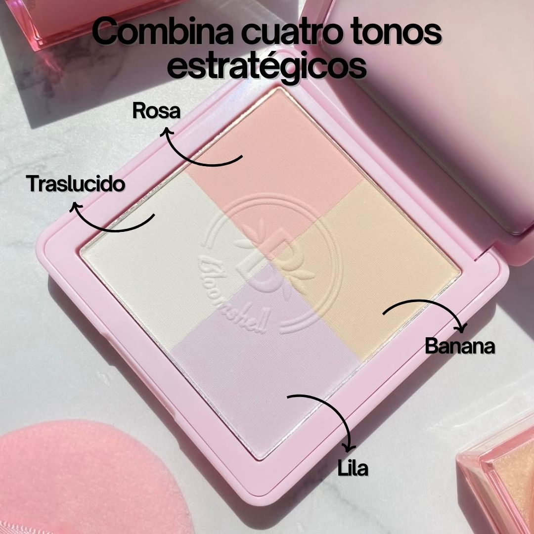 Polvo compacto 4 en 1 Bloomshell con tonos traslúcido, banana, rosa y lila.