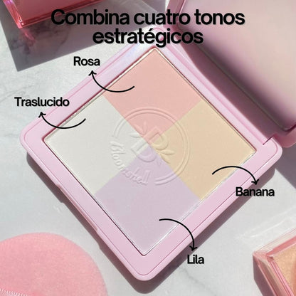 Polvo compacto 4 en 1 Bloomshell con tonos traslúcido, banana, rosa y lila.