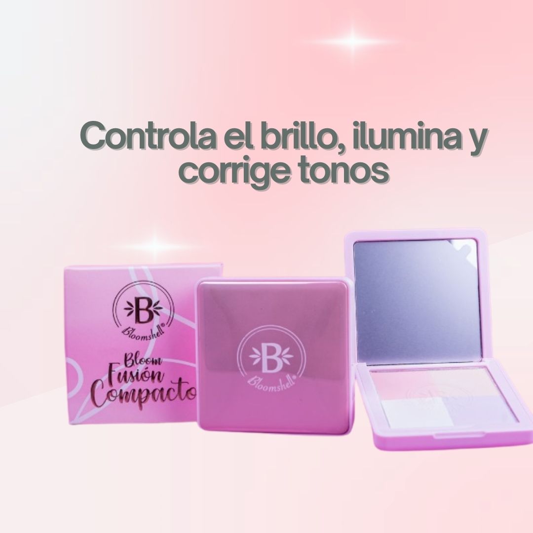 Polvo compacto 4 en 1 Bloomshell con tonos traslúcido, banana, rosa y lila.