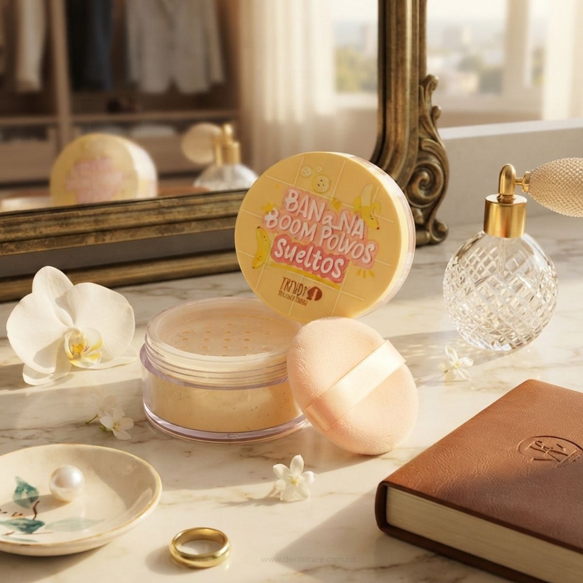 Polvos Sueltos Banana Trendy setting powder tono amarillo fijador maquillaje sin flashback Colombia
