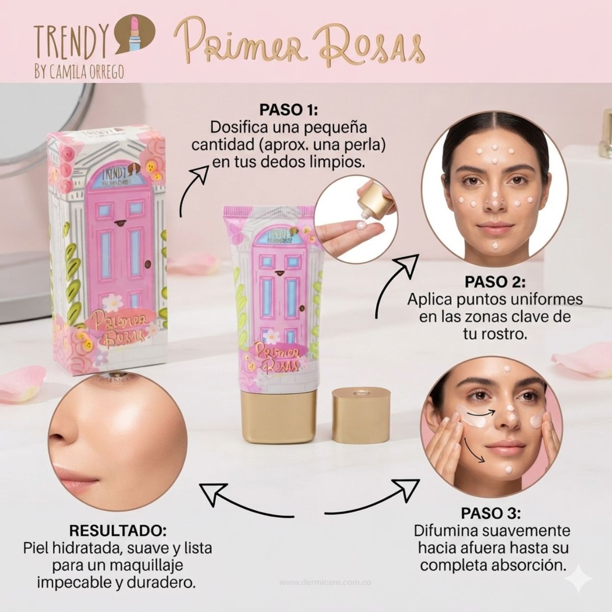 Primer Rosas Trendy prebase facial hidratante poros base duradera extracto rosas maquillaje Colombia
