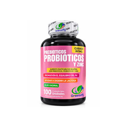 Prebióticos, Probióticos y Zinc Greensofg x100 Masticables · Cuidado Íntimo